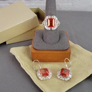 Sparkling Orange & White CZ Rhodium Over Silver Earrings & Ring (Sz 8)